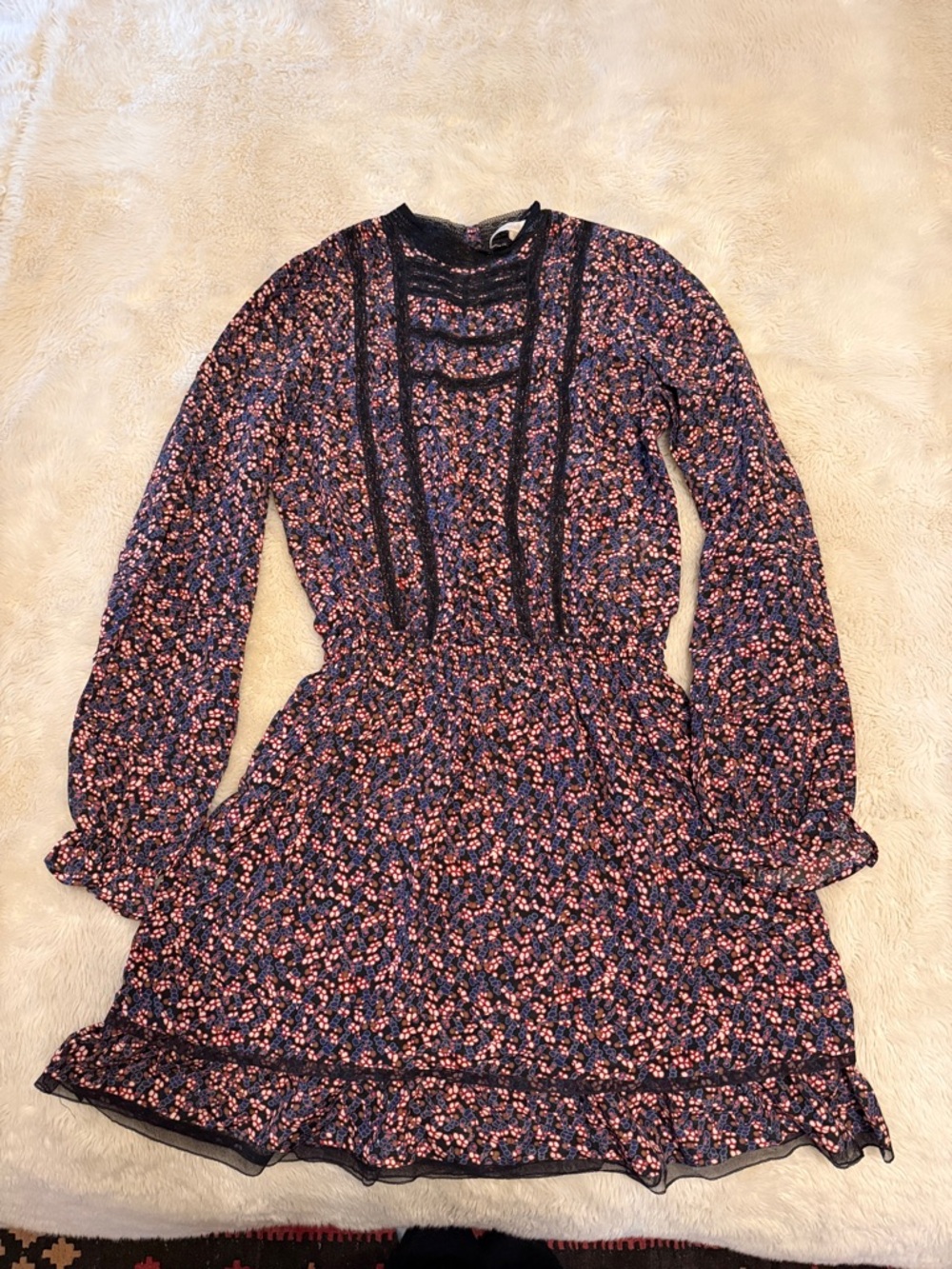 Vanessa Bruno Navy Floral Lace Trim Dress